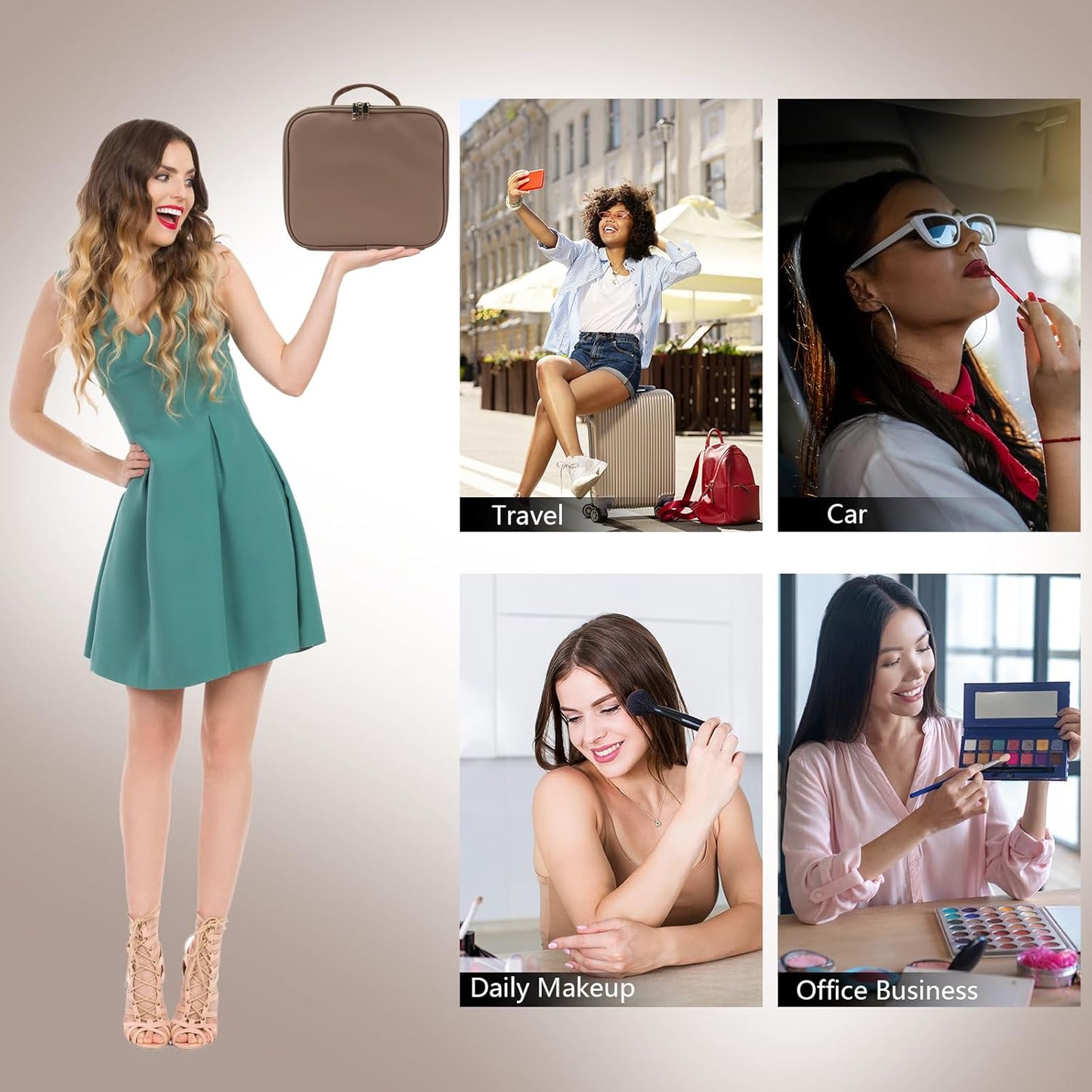 Travel Makeup Bag with LED Mirror Travel Makeup Organizer with 3 Lighted Settings, Adjustable Dividers and Makeup Brush Storage Bag Mocha