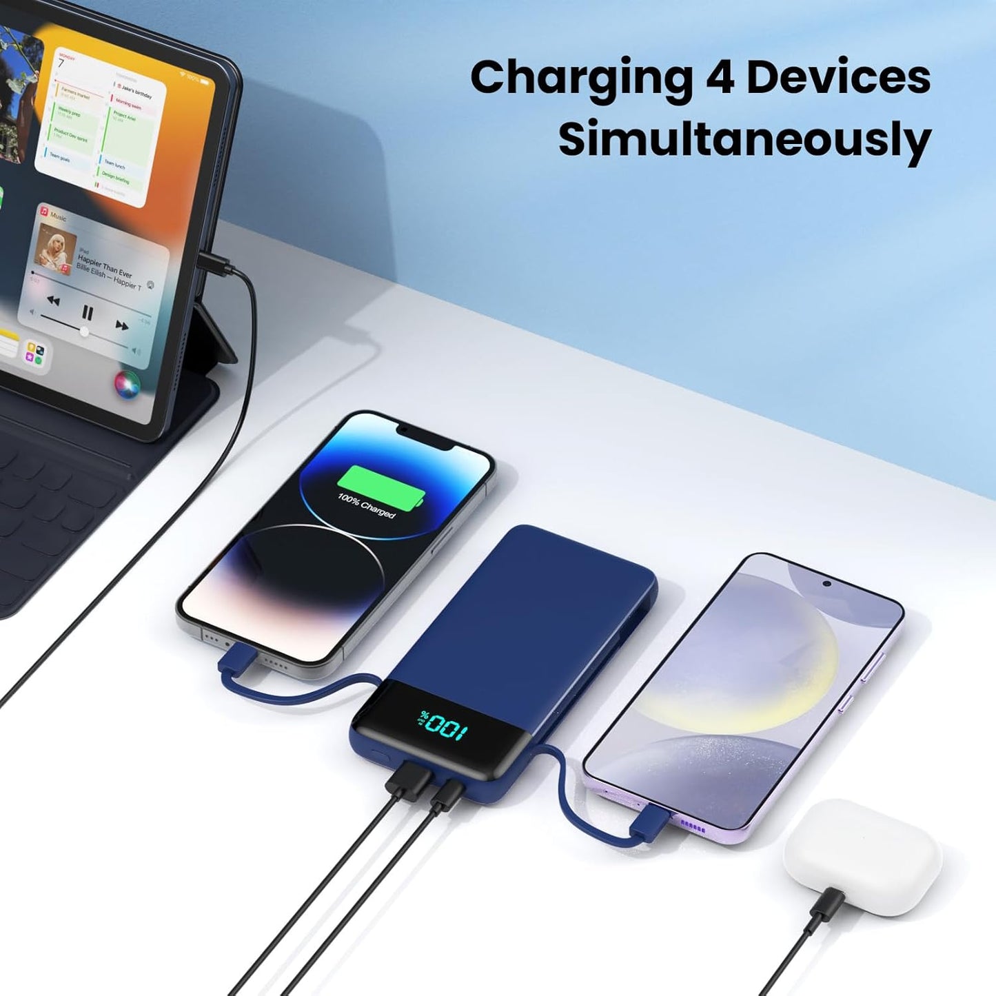 Portable Charger for iPhone with Built in Cables and Wall Plug,Upgraded 13800mAh Fast Charging USB C Power Bank,4 Outputs Travel Essential Battery Pack Compatible with iPhone 15/14/13/12,Samsung-Blue