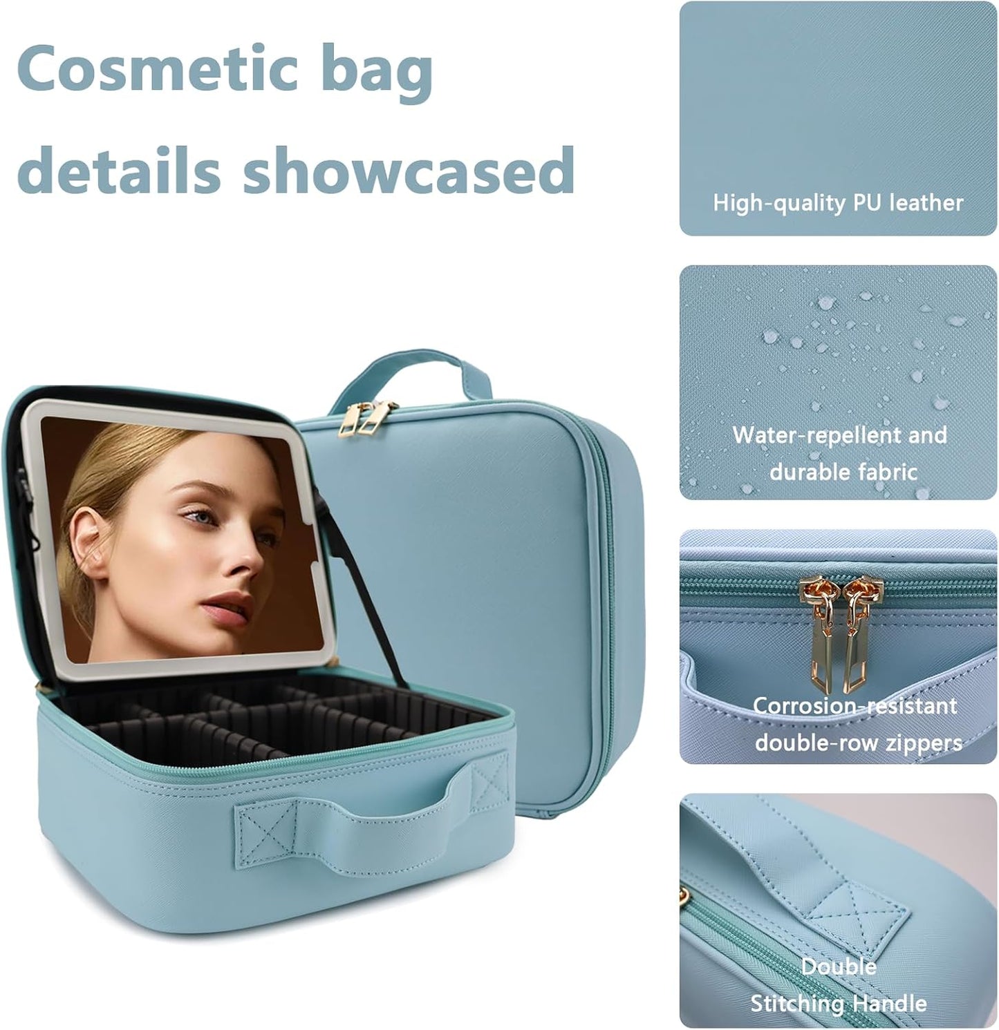 Travel Makeup Bag for Women and Makeup Artists Cosmetic Organizer Large Makeup Case,Travel Makeup Bag with Mirror 3 Color Setting,Portable Storage and Adjustable Dividers(baby blue)