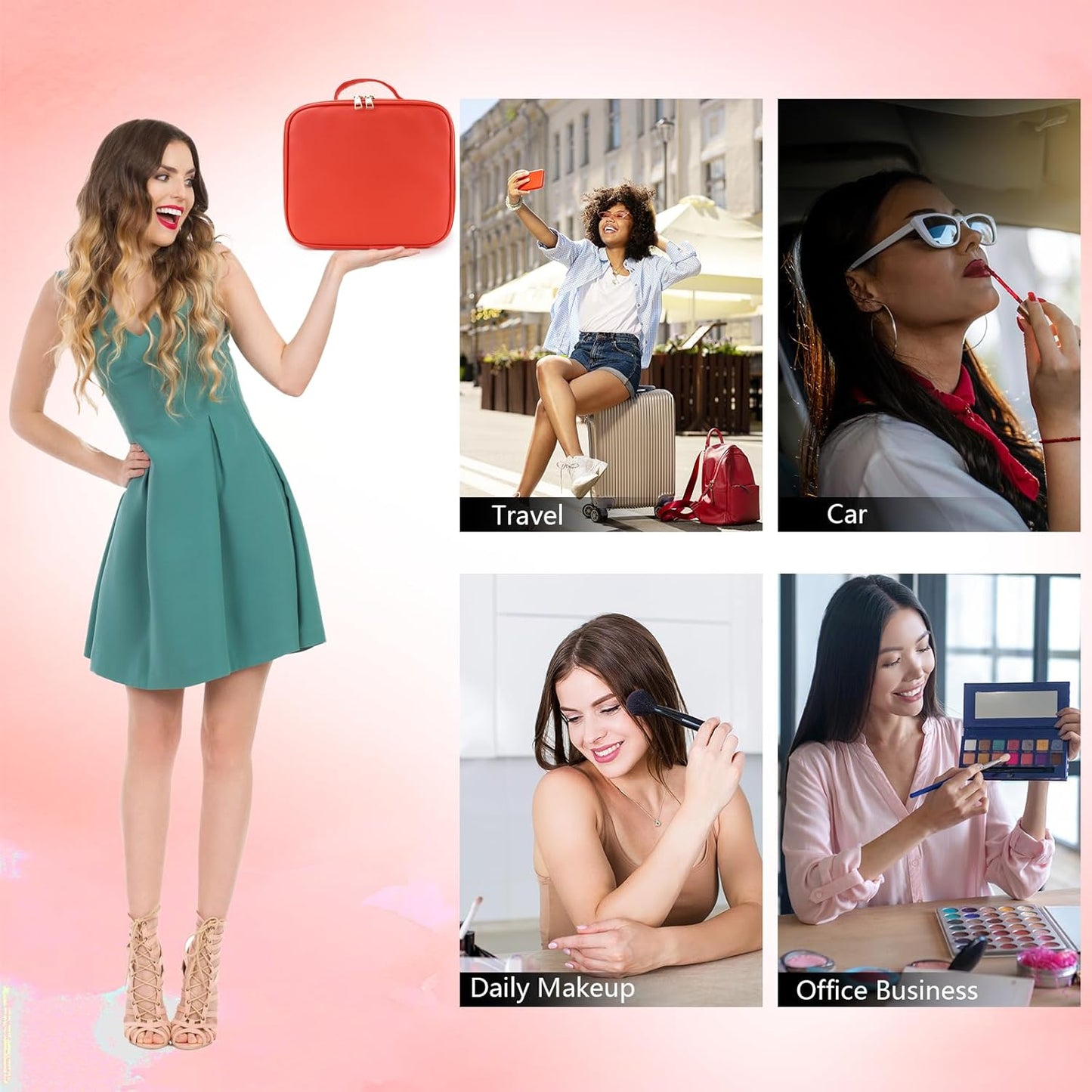 Travel Makeup Bag with LED Mirror Travel Makeup Organizer with 3 Lighted Settings, Adjustable Dividers and Makeup Brush Storage Bag Red