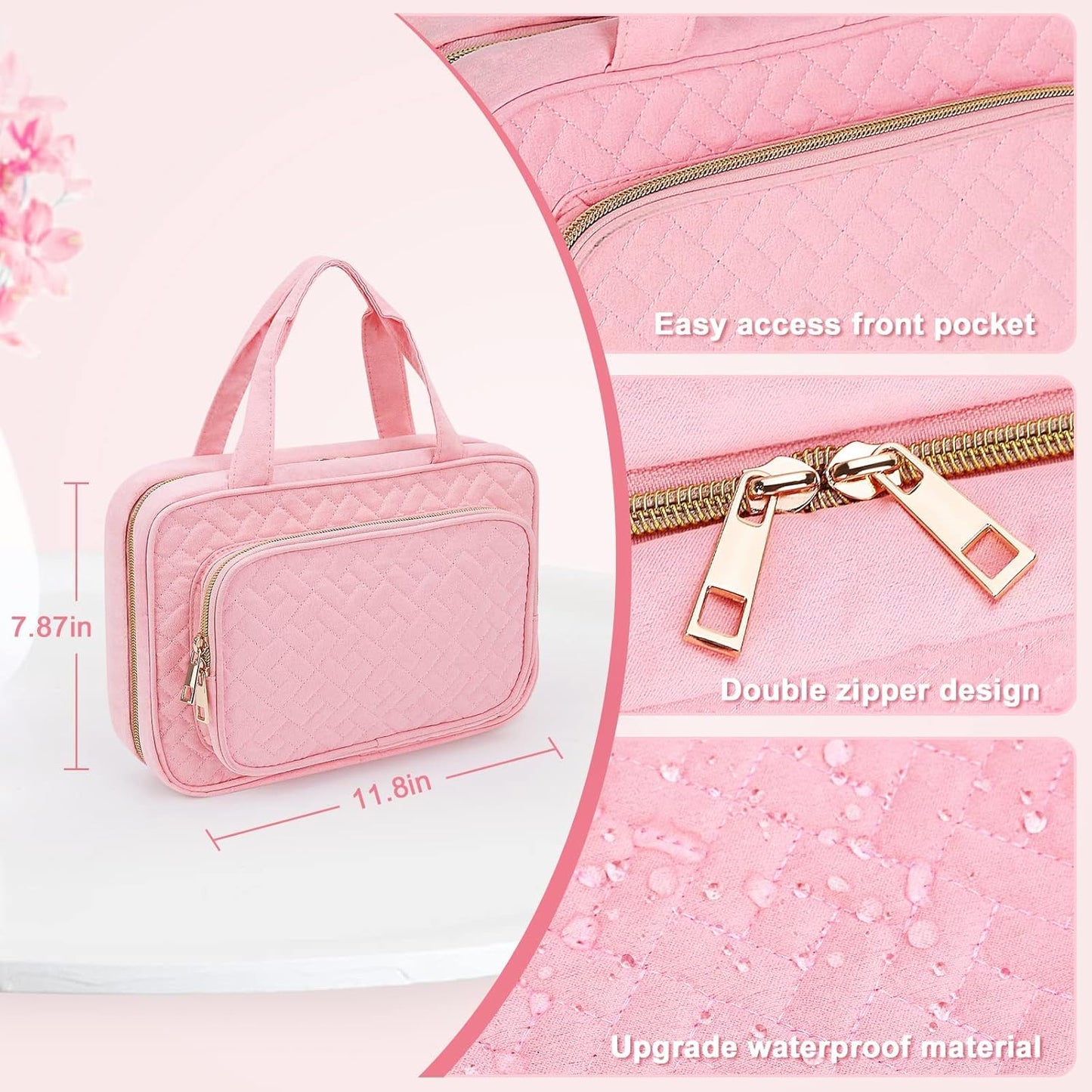 Wedama Toiletry Bag for Women, Medium Cosmetic Travel Bag, Hanging Toiletry Bag for Bathroom, Thickened PVC Waterproof Makeup Bag, Toiletries Bag for Travel Business Trips and Camping, Pink