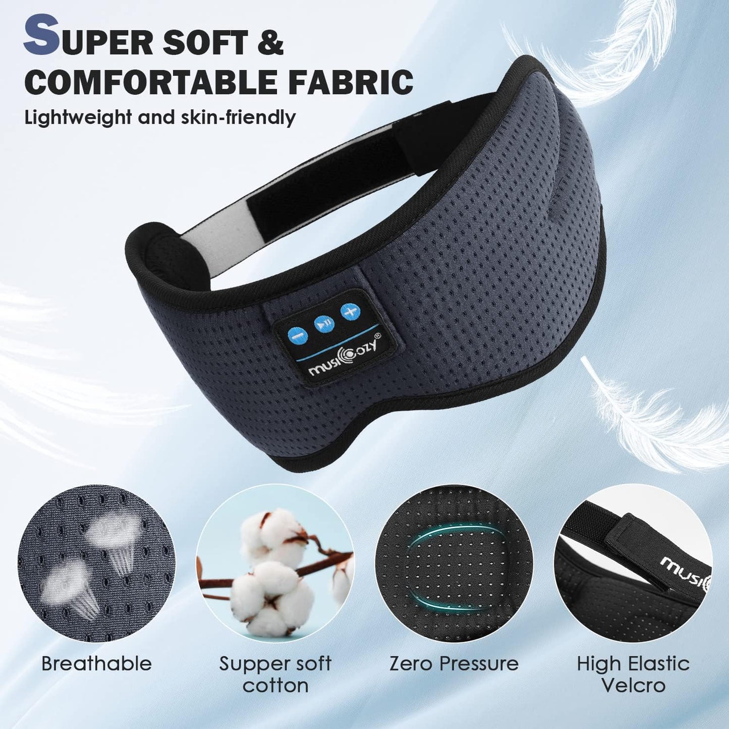 MUSICOZY White Noise Bluetooth Sleep Mask with 8 Soothing Sounds & 3D Wireless Sleep Headphones, Bluetooth Sleeping Headphones for Yoga Travel Office Relaxation, Tech Gadgets Gifts, Gray