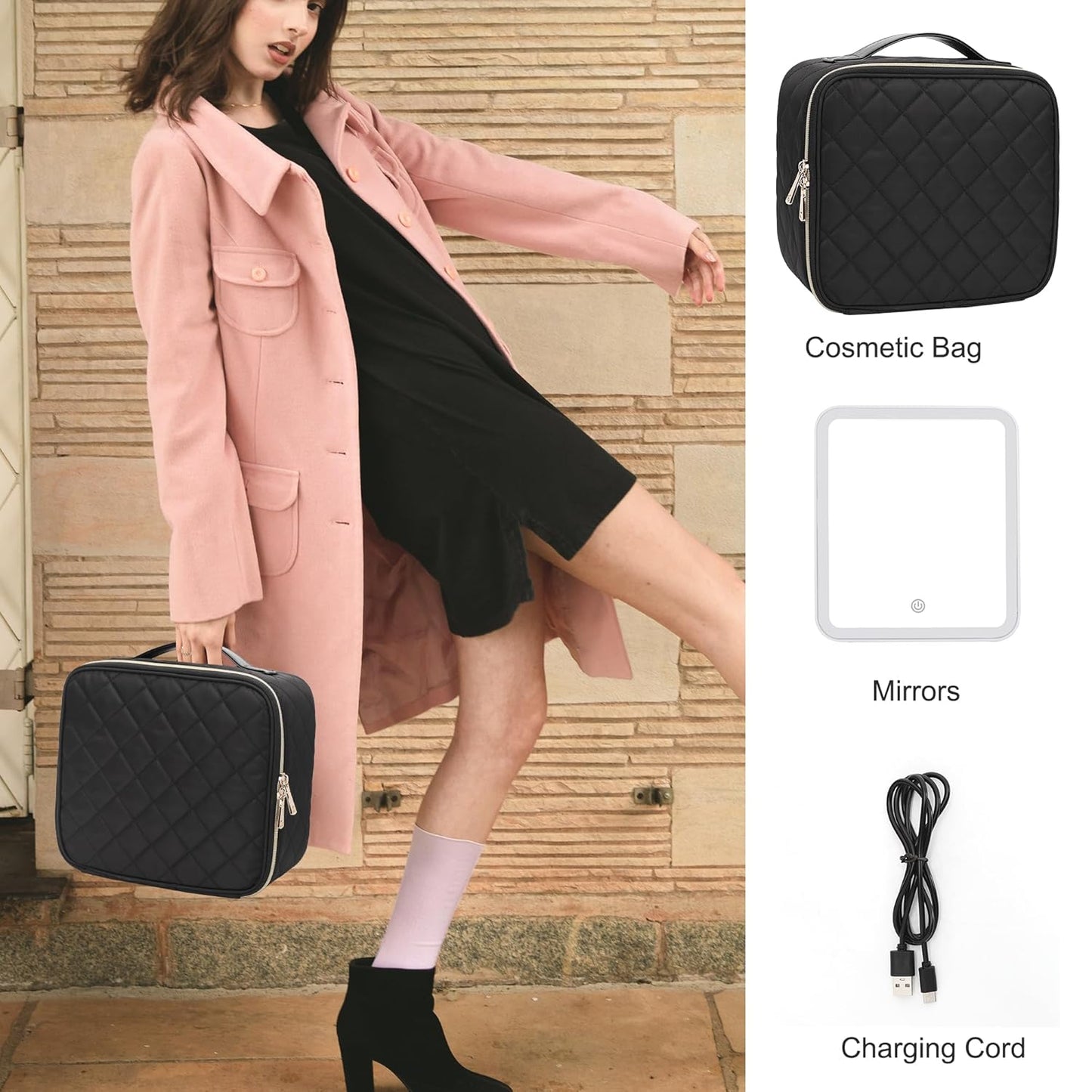 Relavel Travel Makeup Bag With Light Up Mirror, Cosmetic Train Case with LED Mirror, Professional Makeup Case for Makeup Artist, Waterproof Makeup Brush Holder Organizer Storage, Rhombus Black