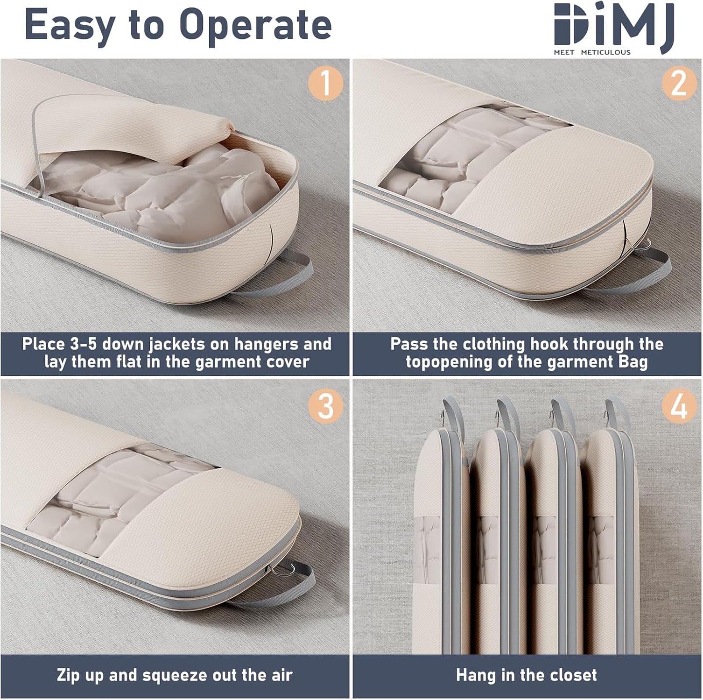 DIMJ 4 Pack 43" Compression Garment Bags for Hanging Clothes With Carry Handles and Window, Space Saving Washable Suit Bag for Dress, Clothes, Coats, Down Jacket, Closet Storage, Moving, Travel