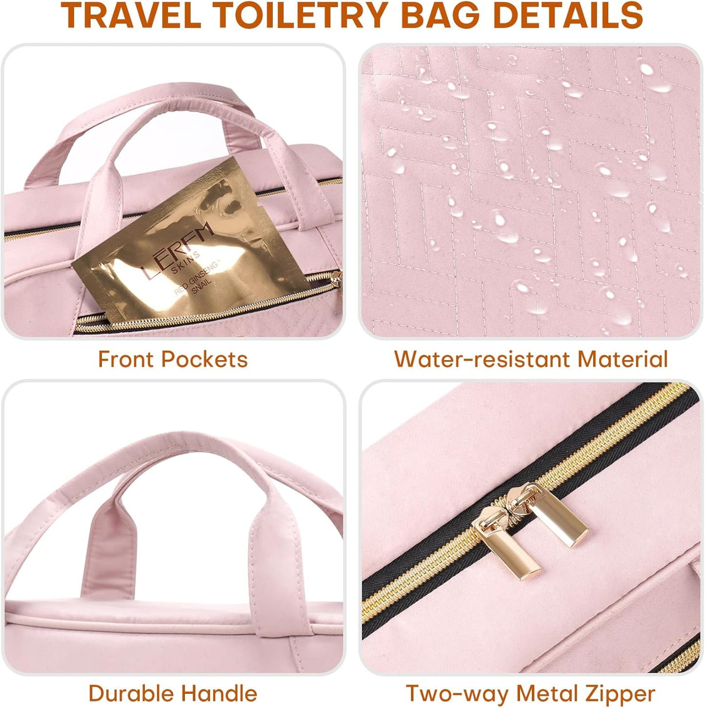 Hanging Toiletry Bag for Women Travel, 2 Sizes Large & Small Waterproof Cosmetic Organizer with 4 Compartments, Rotating Hook, Foldable Pink Travel Bag for Toiletries & Makeup - Large Pink