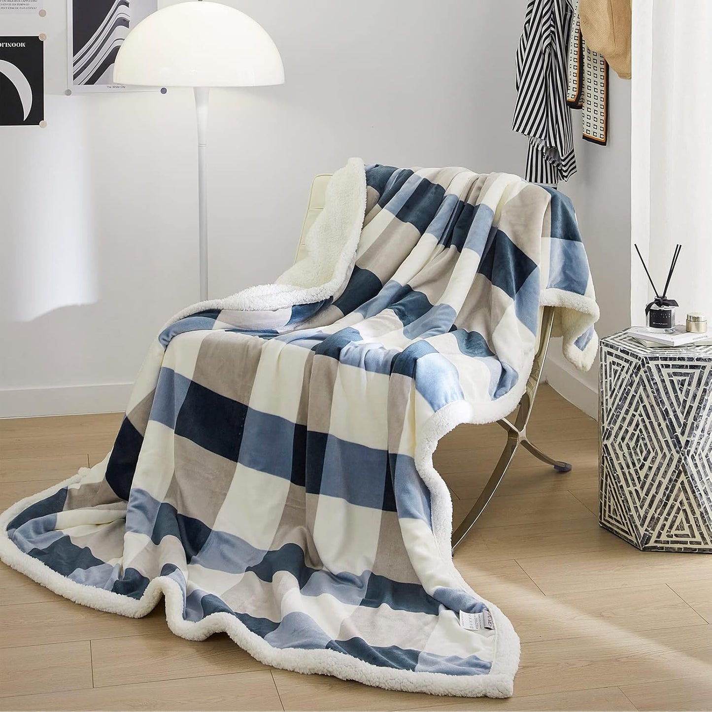 PU MEI Sherpa Fleece Throw Blanket 80" x 90" Full/Queen Reversible Plush Fluffy Extra Large Big Blanket Lattice Flannel Blankets for Sofa Couch Bed (Grey-Soft Blue, 80"*90")