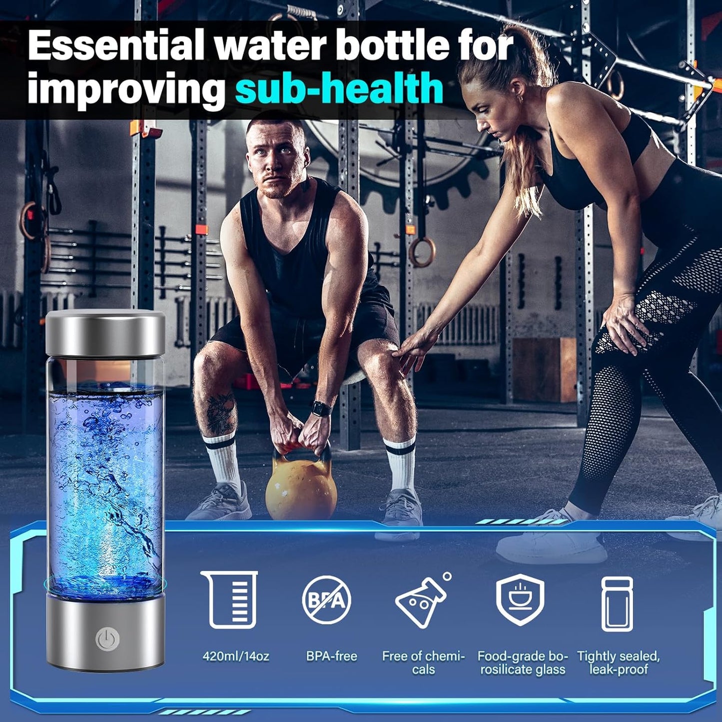 Hydrogen Water Bottle, 3000PPB Portable Hydrogen Water Ionizer Machine, Rechargeable Hydrogen Water Bottle Generator,with SPE & PEM, Hydrogen Water Cup for Exercise, Travel, Home, Office(1pcs)