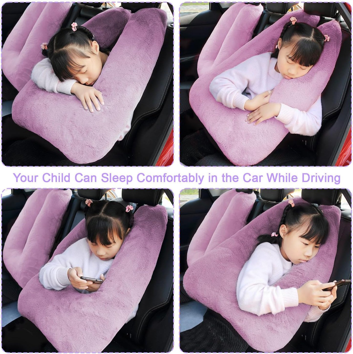 Travel Pillow, Travel Pillow for Kids, Sleeper Hold Pillow Travel, Removable U-Shaped Pillow for Adults and Children to Support Head and Body in The Back Seat of Long Car Trips(Pink Purple)