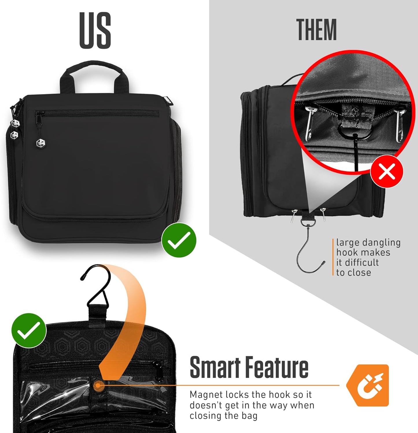 VENTURE 4TH Hanging Travel Toiletry Bag for Women & Men - Travel Organizer with Expandable Compartments & Removable Clear Pouch for Toiletries (Black)