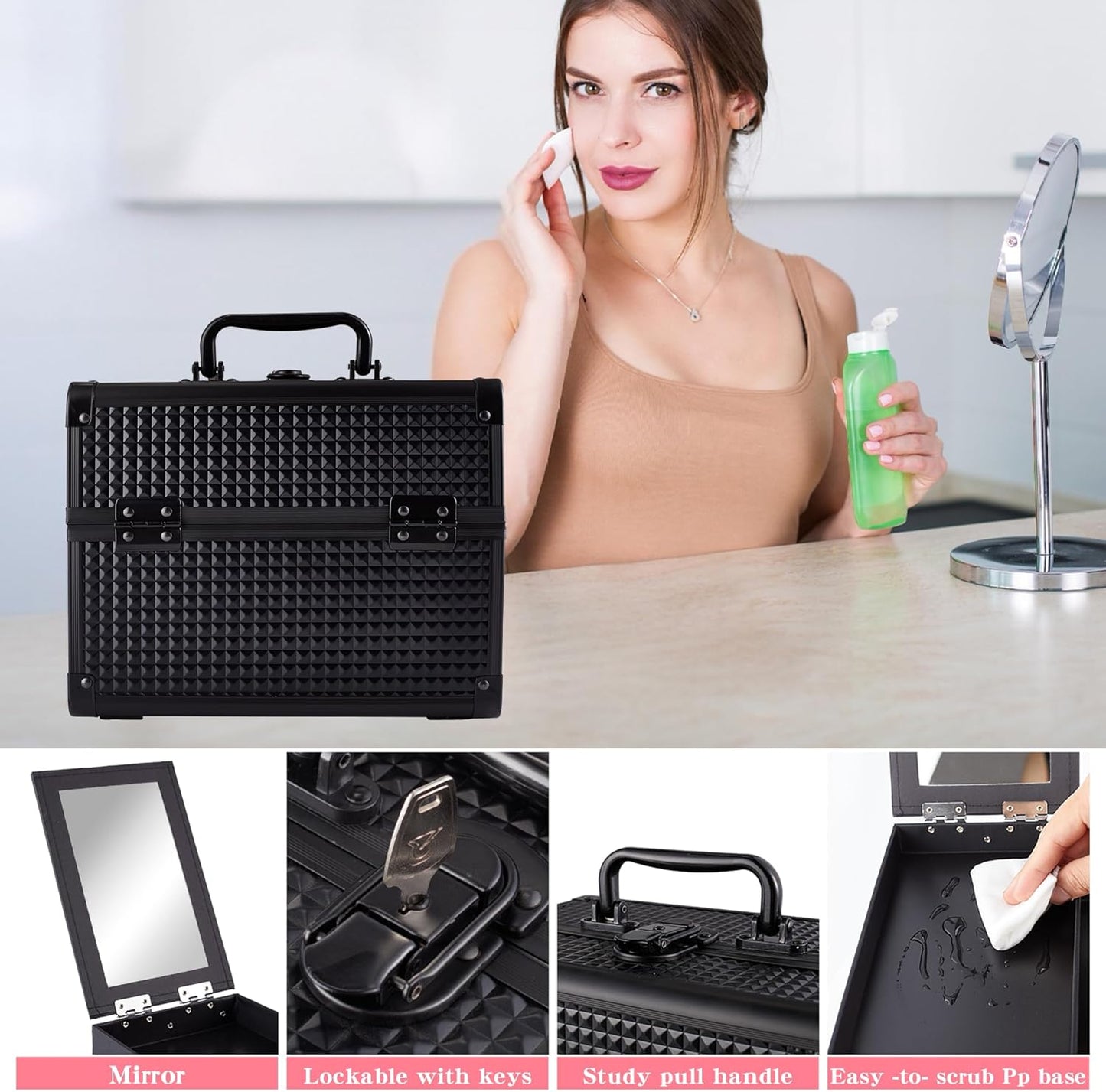 Makeup Train Case, Portable Makeup Case with Mirror, 2-Trays Cosmetic Organizer Case,Nail Polish Organizer, Travel Makeup Box, Profesional for Salon Barber, Black