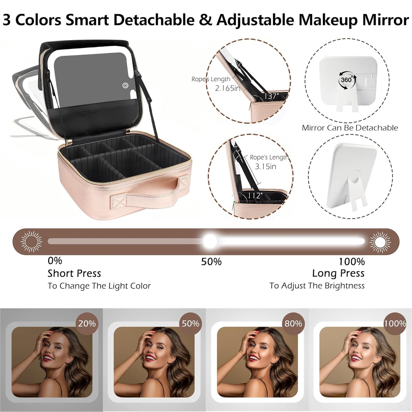 MOMIRA Travel Makeup Bag Cosmetic Bag Makeup Organizer Bag with Lighted Mirror, Adjustable Brightness in 3 Color Scenarios, Waterproof Makeup Train Case, Gift for Women - Champagne