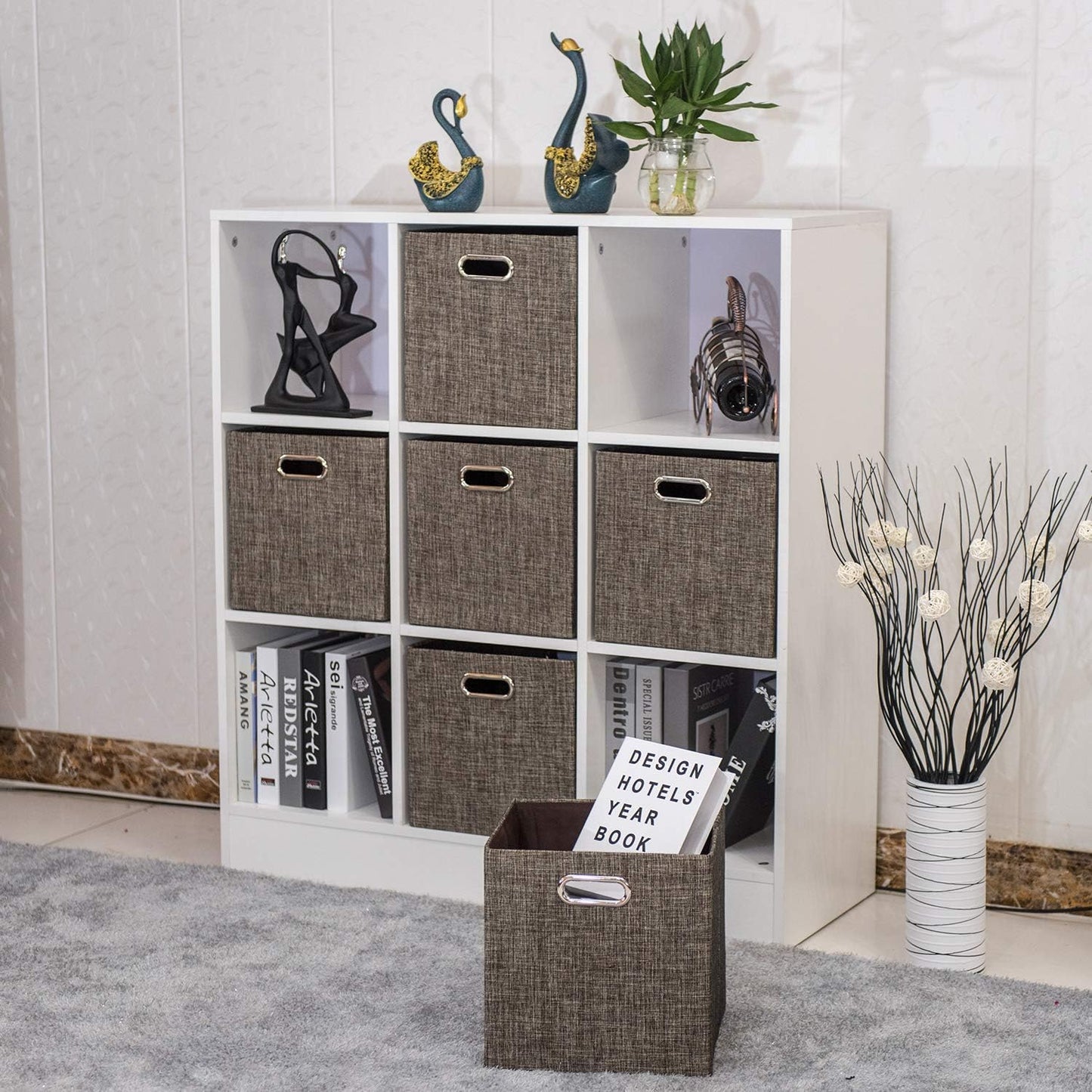 Posprica Storage Basket Bins,13×13 Foldable Storage Boxes Containers for Closet Organizer Shelf Cabinet Bookcase,Thick Fabric Drawer with Shimmer,4pcs,Brown