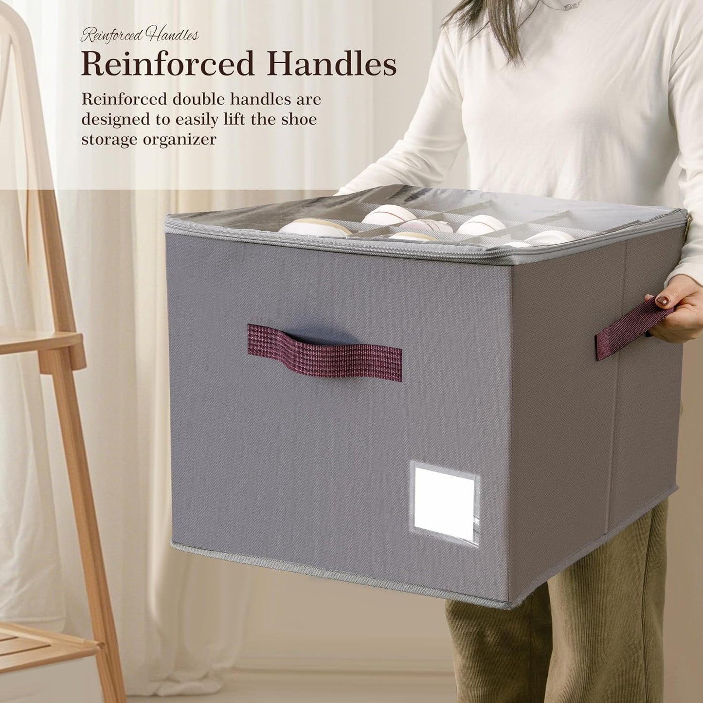 Criusia Shoe Organizer for Closet, 4 Pack Shoe Organizer with Transparent Cover and Sturdy Handles, Closet Shoe Storage for Sneakers Sandals Slippers, Fit 12-16 Pairs, Gray