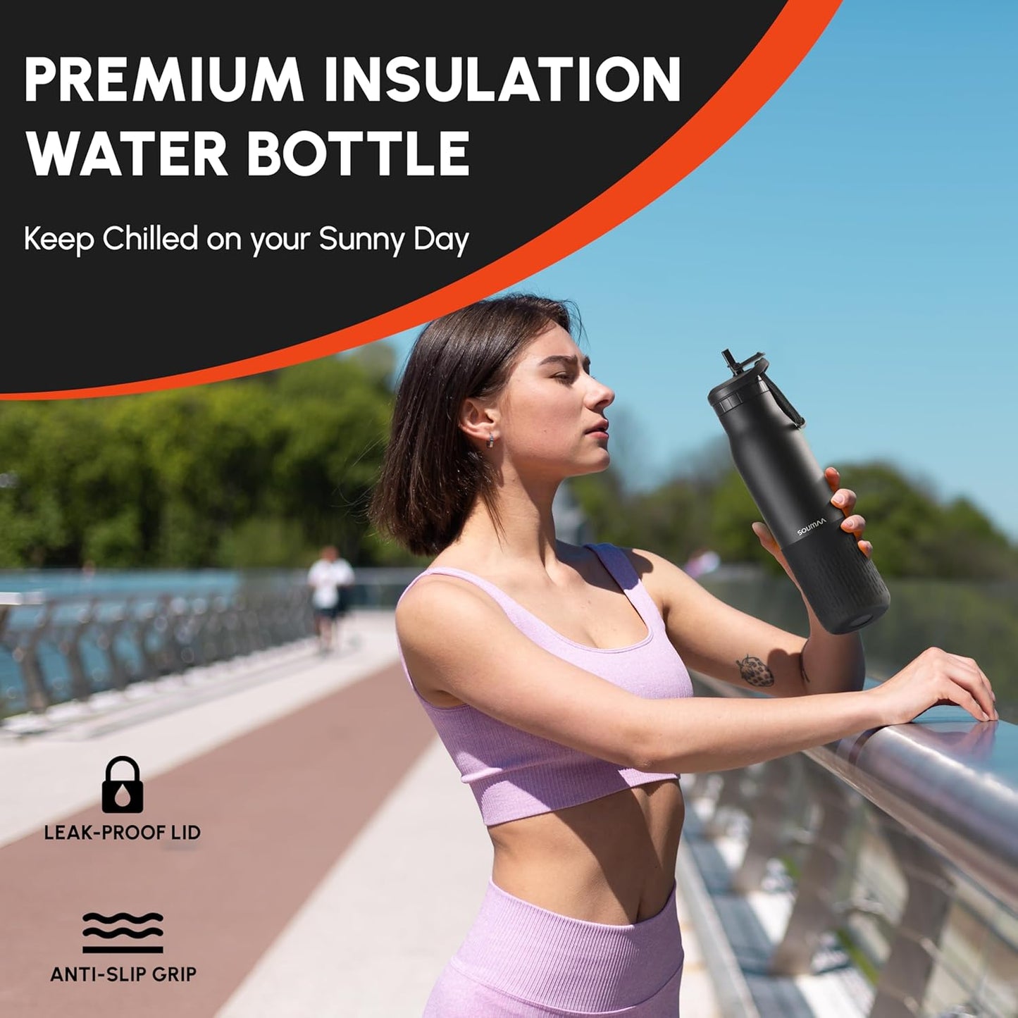 Insulated Stainless Steel Water Bottles with Straw, Wall Vacuum Insulated Water Bottle with Straw for Gym Traveling Camping Hiking Outdoor Activity(2 Cleaning Brushes+1 Carabiner, 26 oz Black)