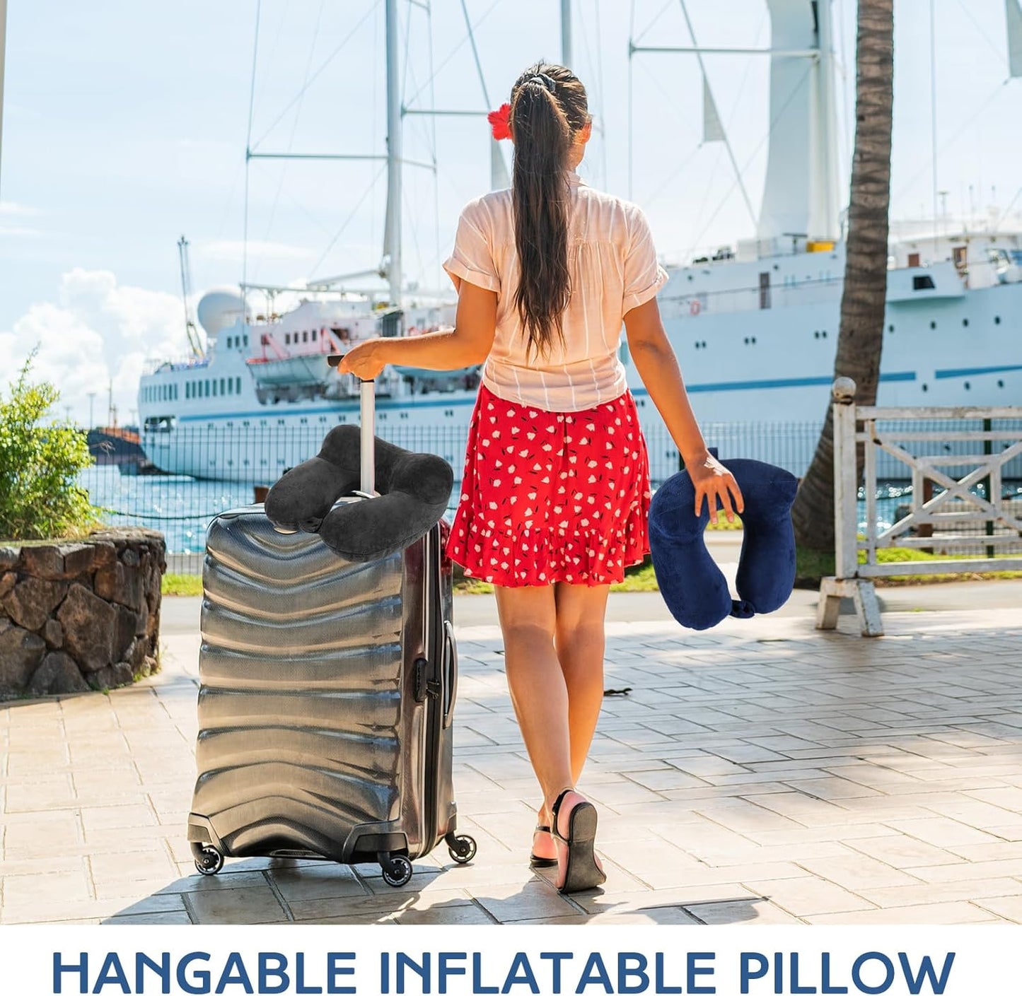 Sintuff 2 Pack Inflatable Travel Pillow for Airplanes Inflatable Neck Flight Pillows with Compact Bag and Blindfold for Traveling, Airplane, Train, Car, Office (Blue and Dark Gray)