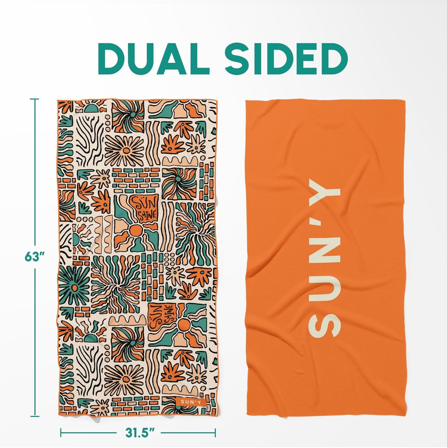 SUN'Y Beach Towel - Sand Free, Microfiber, Compact & Lightweight Travel, Quick Dry - Groovy - Large (63”x31.5”)