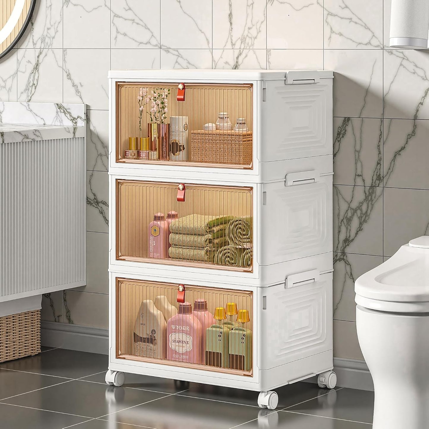 VECELO 3 Tier Stackable Storage Boxes with Magnetic Doors & Wheels, Foldable Storage Containers, 23 QT Closet Organizers for Living Room, Office, Dorm