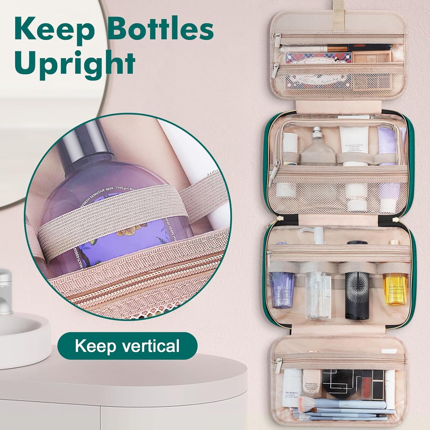 Wedama Toiletry Bag for Women, Medium Cosmetic Travel Bag, Hanging Toiletry Bag for Bathroom, Thickened PVC Waterproof Makeup Bag, Toiletries Bag for Travel Trips and Camping, Turquoise Green