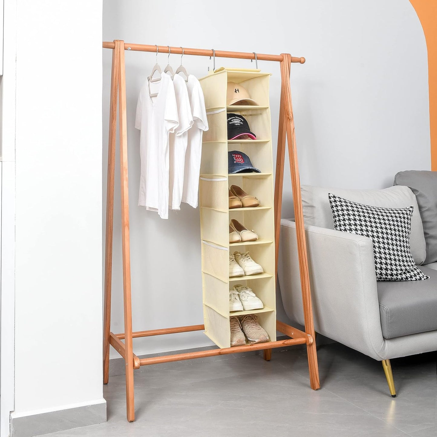 Hanging Shoe Organizer for Closet with Side Mesh Pockets,Hat Racks for Baseball Caps,Shoe and Hat Holder & Storage,8-Shelf,Beige,2 Pack