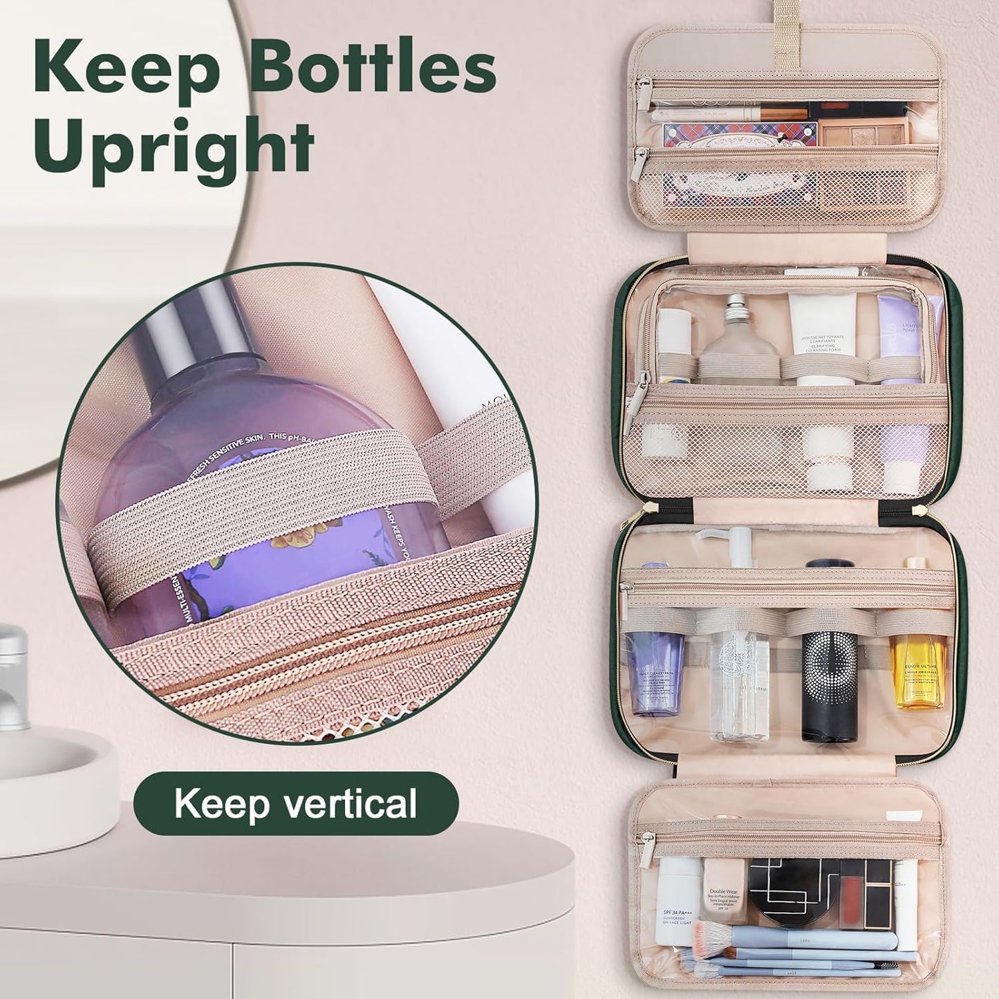 Wedama Toiletry Bag for Women, Medium Cosmetic Travel Bag, Hanging Toiletry Bag for Bathroom, Thickened PVC Waterproof Makeup Bag, Toiletries Bag for Travel Business Trips and Camping, Dark Green