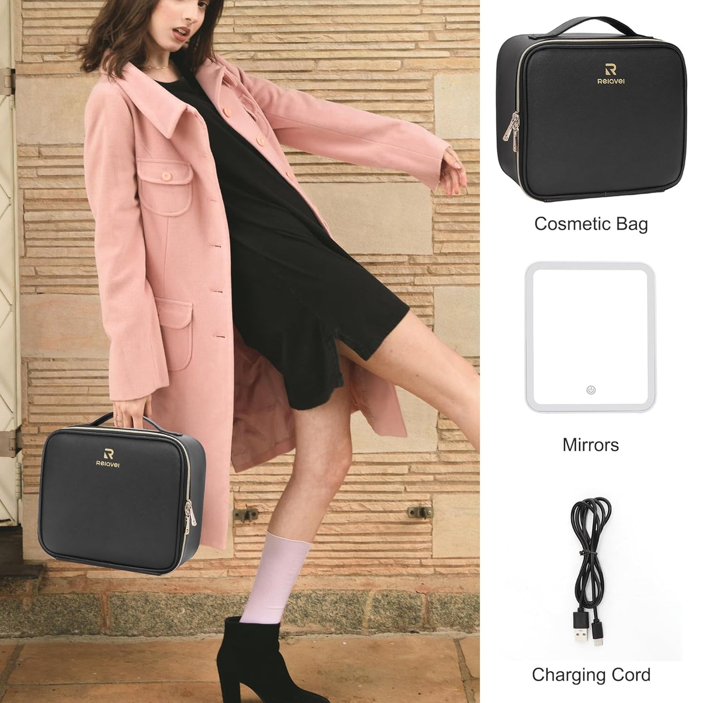 Relavel Travel Makeup Bag With LED Mirror, Cosmetic Train Case with Light up Mirror, Portable Makeup Artist Organizer Bag with Adjustable Dividers, Makeup Brush Holder Storage, Black