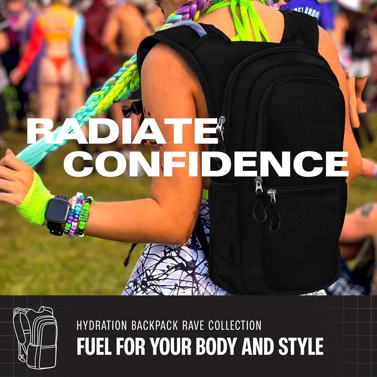 Sojourner Hydration Pack, Hydration Backpack - Water Backpack with 2l Hydration Bladder, Festival Essential - Rave Hydration Pack Hydropack Hydro for Hiking, Running, Biking, Festival Gear