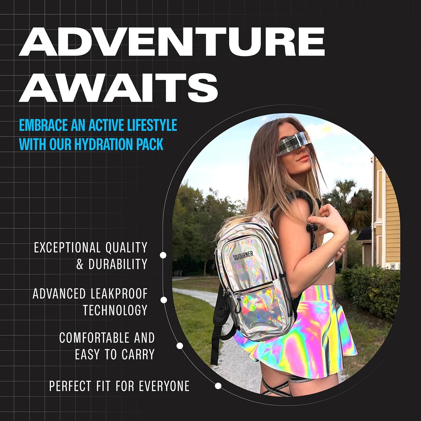 Sojourner Hydration Pack, Hydration Backpack - Water Backpack with 2l Hydration Bladder, Festival Essential - Rave Hydration Pack Hydropack Hydro for Hiking, Running, Biking, Festival Gear