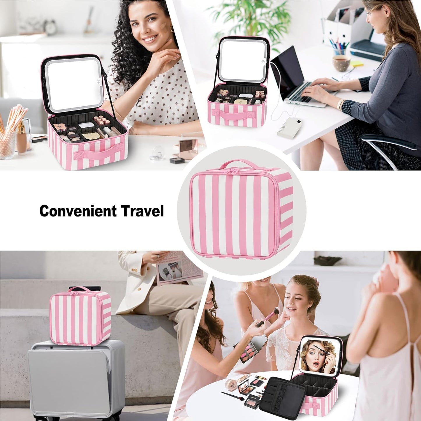 Makeup Bag With LED Mirror, Travel Makeup Case with Light up Mirror Large Cosmetic Case with 3 Color Lighted Portable Organizer Bag with Adjustable Dividers (Pink/White Stripes, Small)