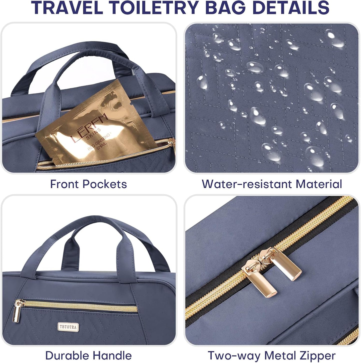 Hanging Toiletry Bag for Women Travel, 2 Sizes Large & Small Waterproof Cosmetic Organizer with 4 Compartments, Rotating Hook, Foldable Pink Travel Bag for Toiletries & Makeup Medium Grey Blue