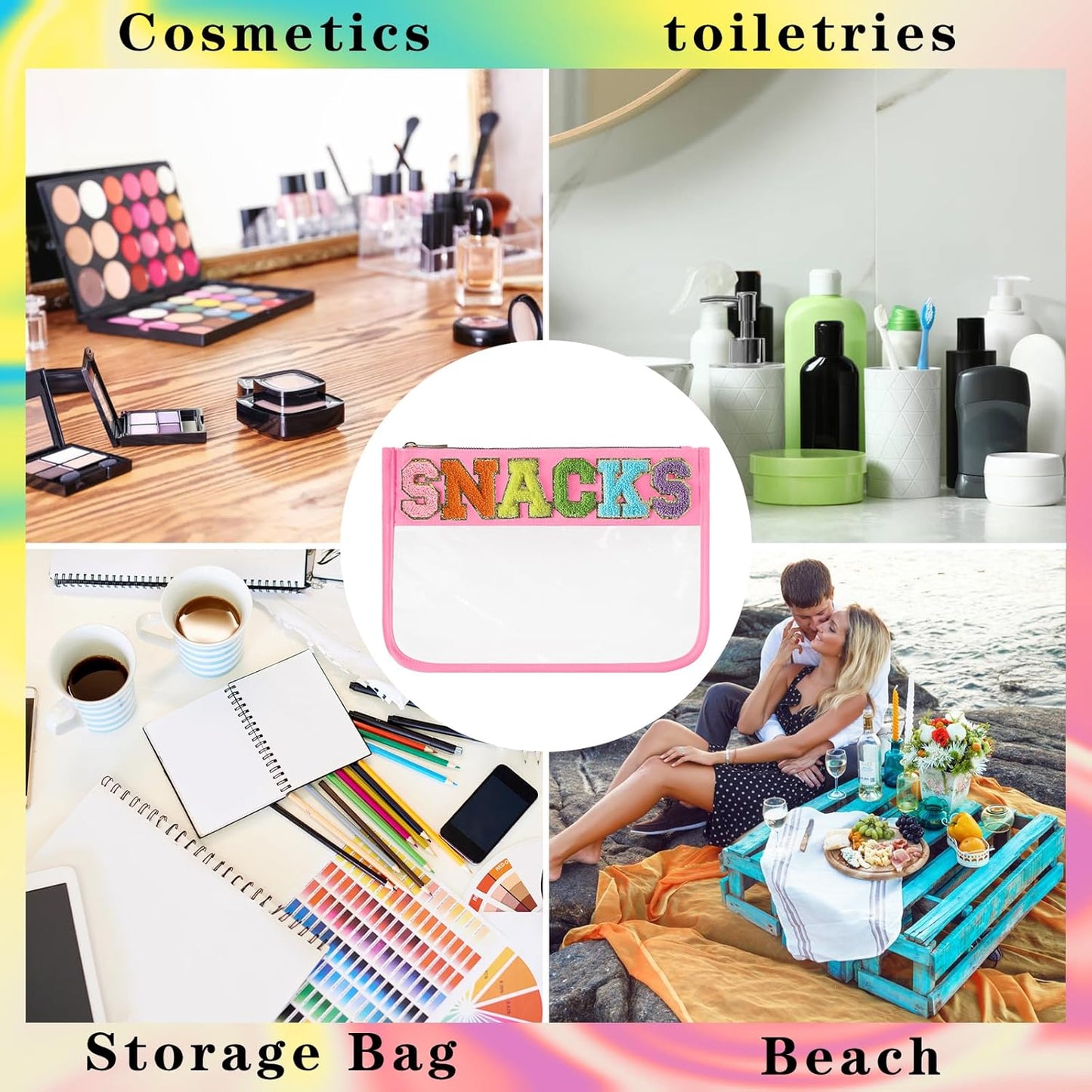 DYSHAYEN Chenille Letter Clear Zipper Pouch for Travel,Nylon Clear Cosmetic Bag,Makeup Travel Bag for Women Girls 11.8 Inches x 8.2 Inches