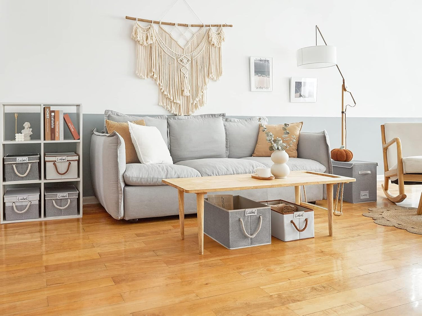 LoforHoney Home Fabric Storage Bins with Lids for Organizing, Foldable Closet Storage Boxes for Shelves, Clothes Baskets with Cotton Rope Handles, XLarge, Beige & Gray, 4-Pack