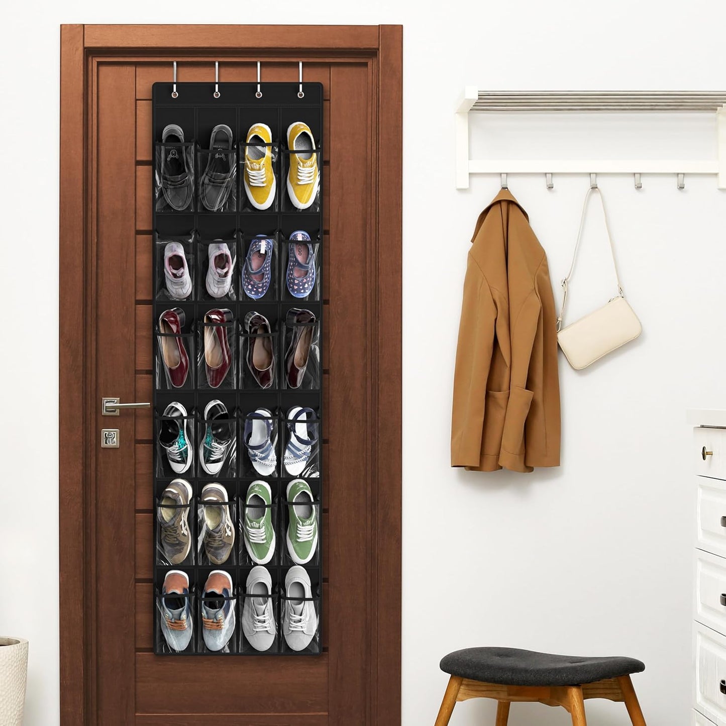 Simple Houseware 24 Pockets - Crystal Clear Over The Door Hanging Shoe Organizer, Black (64'' x 19'')