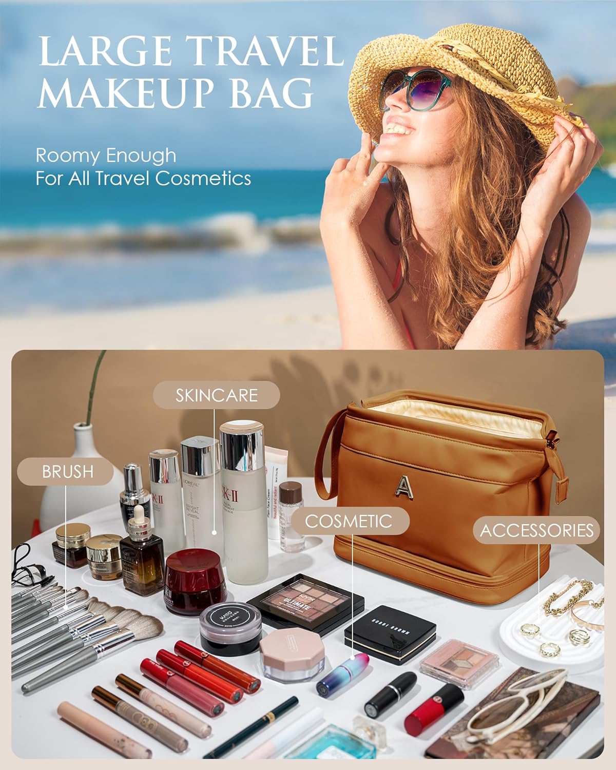 Women Gift Ideas, Personalized Makeup Bag, Monogrammed Gifts, Initial Double Layer Cosmetic Bag with Makeup Brush Organizer, Travel Toiletry Bag, Gifts for Friends Female Mom, Teen Girl Gifts