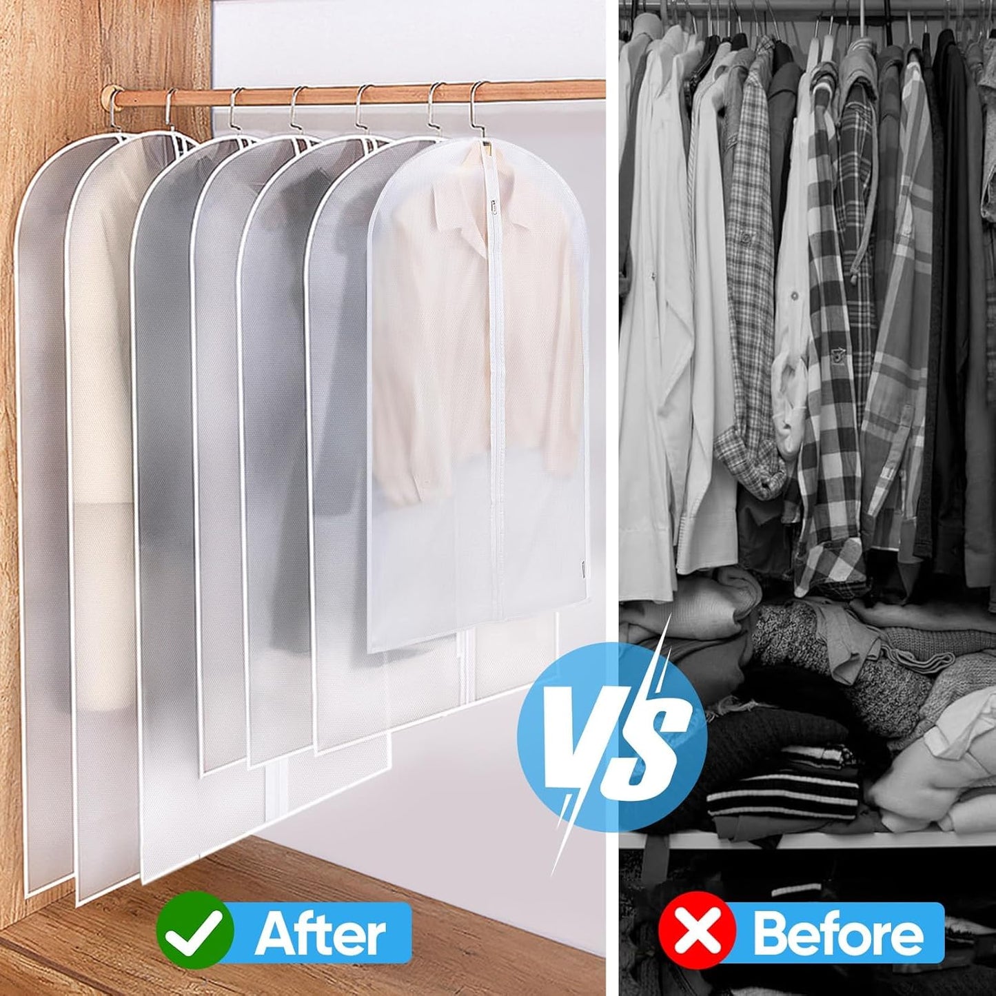 BALEINE 40'' Translucent Garment Bags, 6 Packs PEVA Dress Bag for Closet Clothes Dresses Suit Coats Storage (White, 6PK)