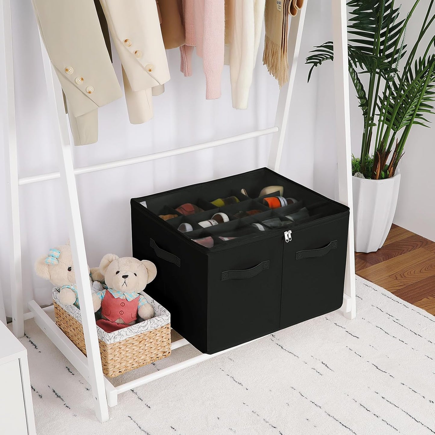 Shoe Organizer for Closet 2 Pack, Foldable Shoe Box with Adjustable Dividers and Clear Cover, Space Saving Shoe Storage Organizer Cabinet with Reinforced Handles, Fits 32 Pairs, Black TP12B