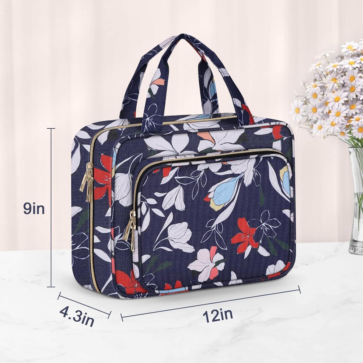 Wedama Toiletry Bag for Women, Large Cosmetic Travel Bag, Hanging Toiletry Bag for Bathroom, PVC Waterproof Makeup Bag, Toiletries Bag for Travel Business Trips and Camping, Blue+White Floral