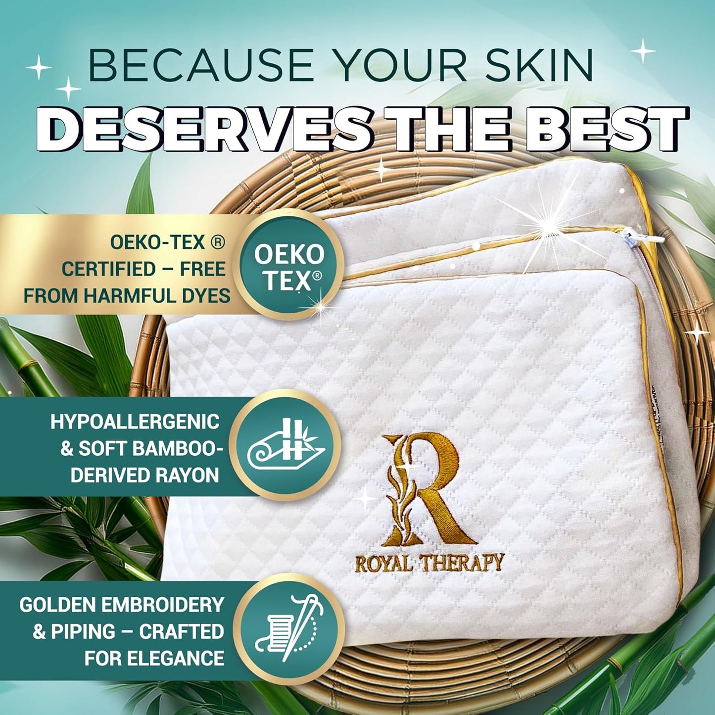 Royal Therapy King Pillows 4-Pack - Shredded Memory Foam Pillows for All Sleep Positions - Medium Firm Pillow with Adjustable, Bamboo Rayon Cover, CertiPUR-US, Oeko-TEX Certified