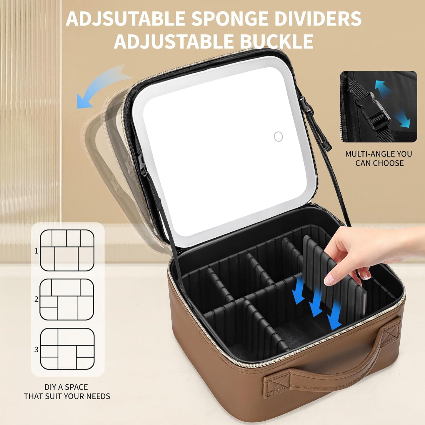 Travel Makeup Bag with LED Mirror – Waterproof Cosmetic Train Case with Adjustable Dividers, Portable Makeup Organizer and Toiletry Bag for Women, Pink Teens & Girls Gift