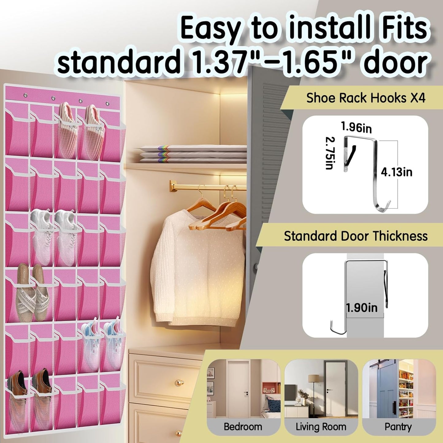 Over the Door Shoe Organizer with 30 Breathable Mesh Pockets - Large Capacity Closet Storage for Men & Women, Hanging Shoe Rack Organizer -Pink