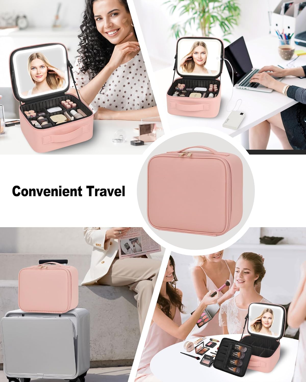 Makeup Bag With LED Mirror, Travel Makeup Case with Light up Mirror Large Cosmetic Case with 3 Color Lighted Portable Professional Organizer Bag with Adjustable Dividers(Pink)