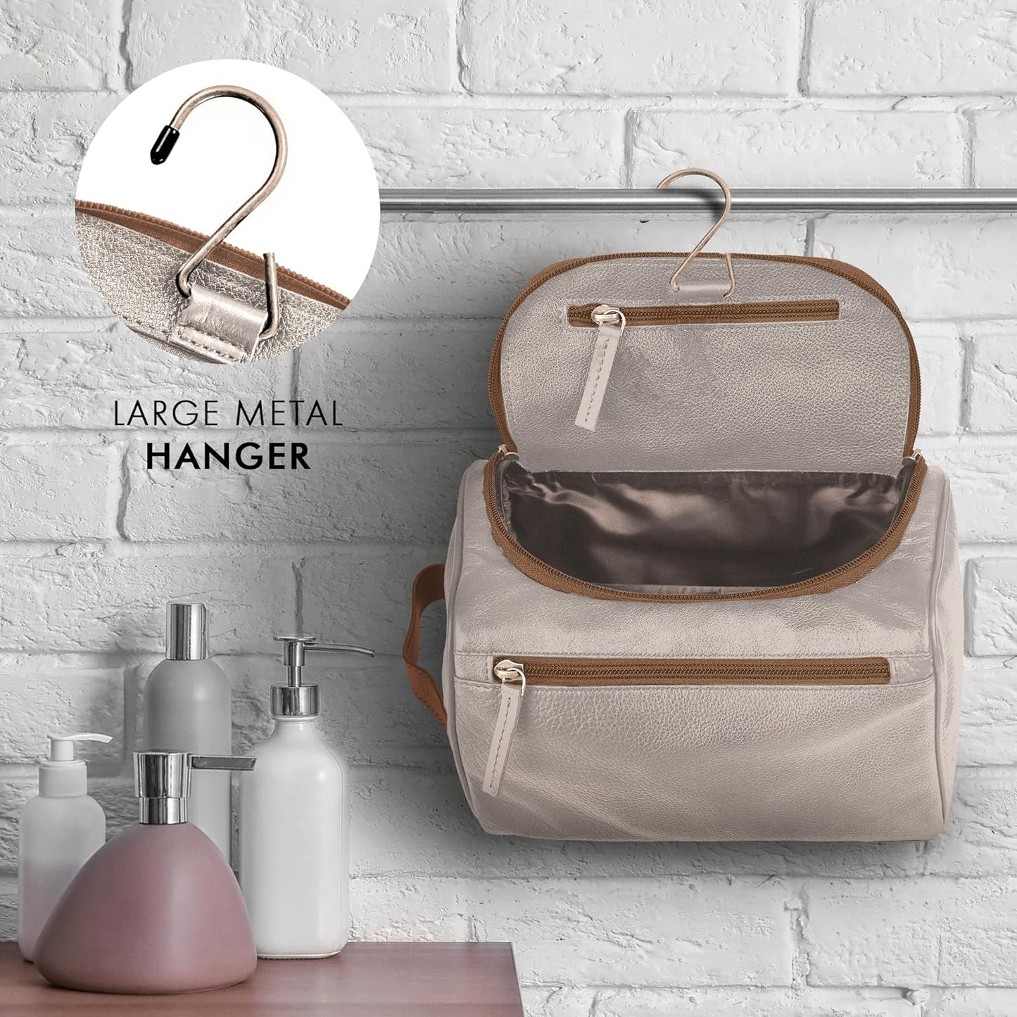 ELIZO Premium REAL Leather Toiletry Bag for Men Dopp Kitt Hanging Mens Toiletry Large TSA Toiletries Bag Shaving Grooming Bag Organizer Cream Tan