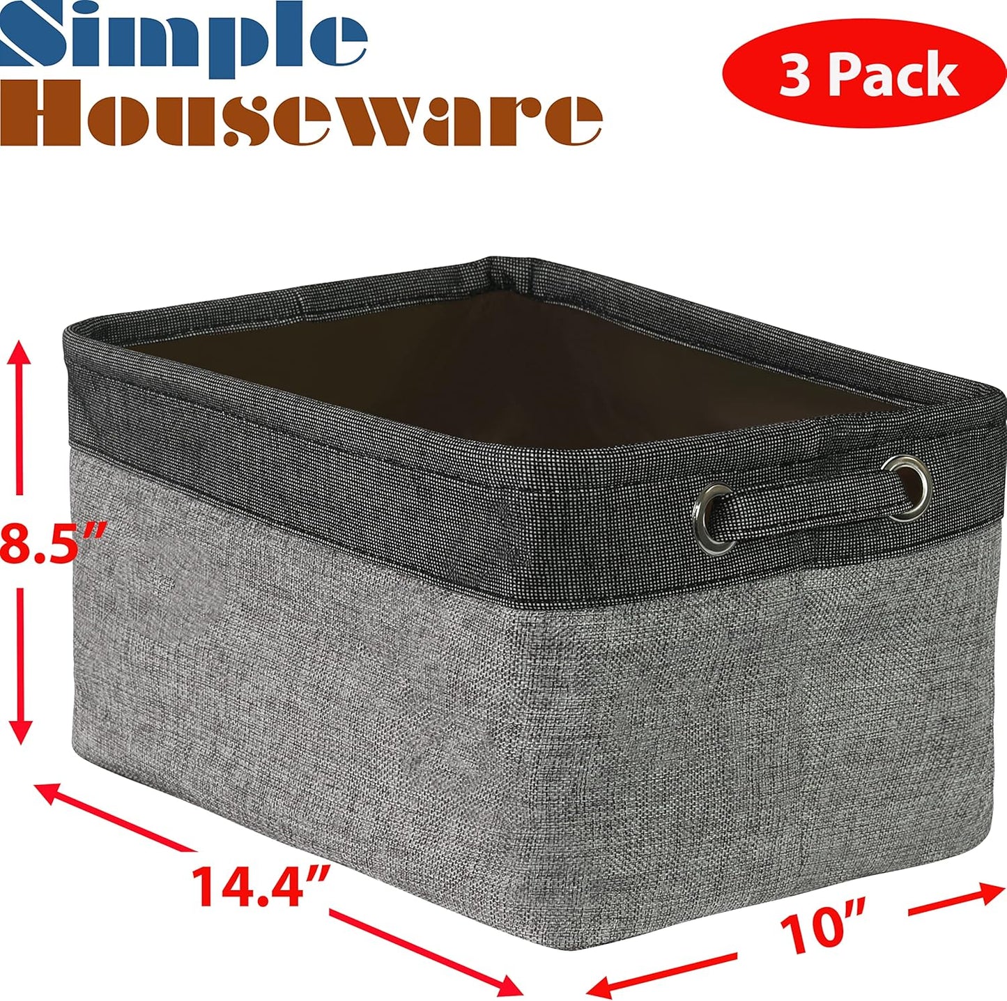 Simple Houseware 14.4" x 10" Fabric Storage Bin with Handles, 3-Pack, Foldable Organizer for Closet and Shelf, Dark Gray