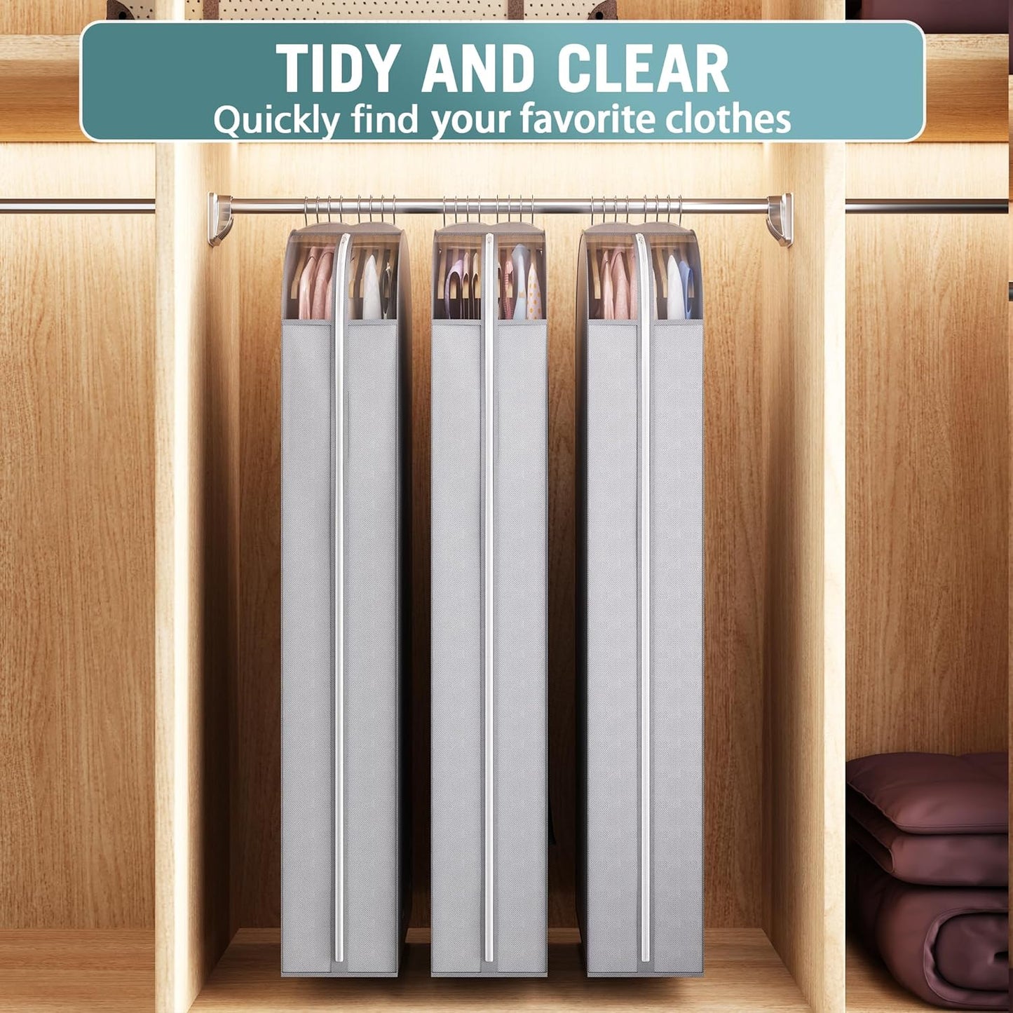 10" Gusseted Garment Bags for Hanging Clothes with clear window, 60" Suit Bags for Open Closet Storage, Clothing Cover for Coat, Dress, Jacket, Shirt, Fur Wardrobe Protector, 3 Packs