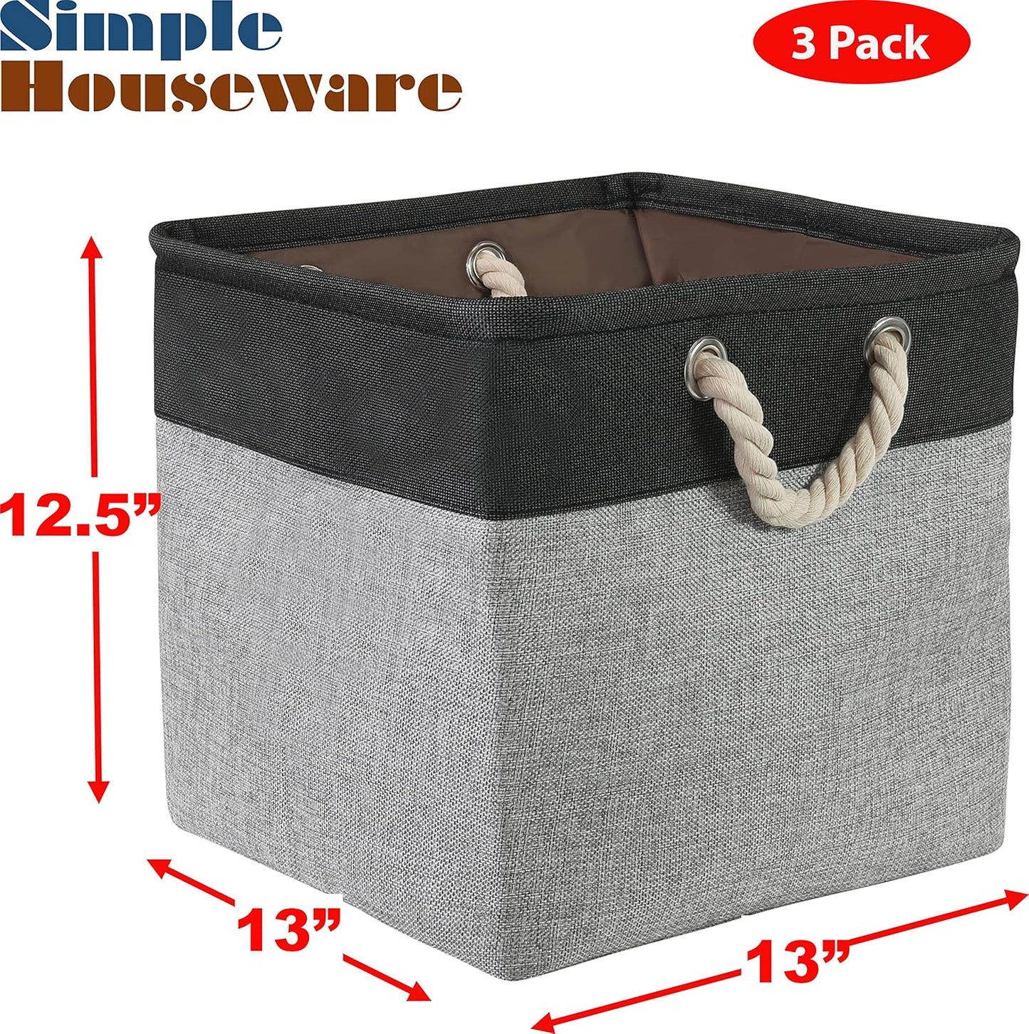 Simple Houseware Fabric Storage Cubes, 13" x 13" Storage Bin, 3 Pack, Dark Gray