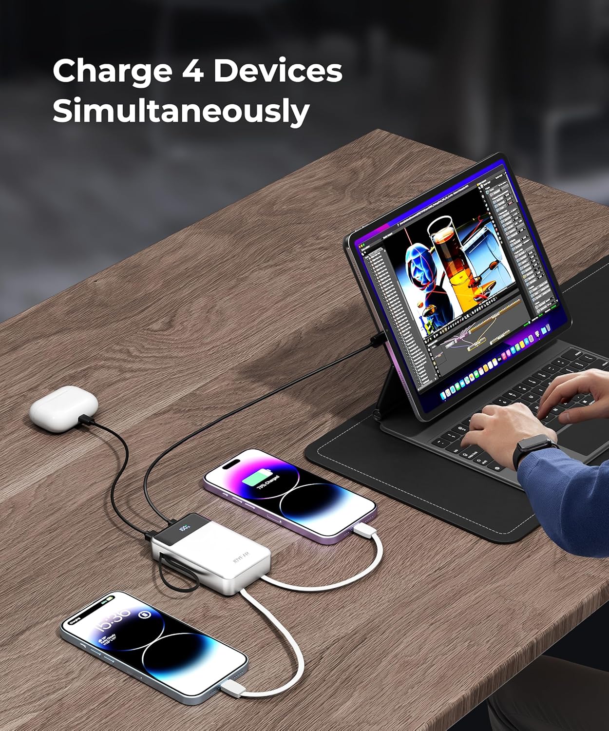 Portable-Charger-Power-Bank Travel Essentials Battery Pack USB C 30000mAh Built in Cable 22.5W Phone Fast Charging Powerbank Compatible with iPhone 16 15 14 13 12 11 iPad Samsung Google (White)