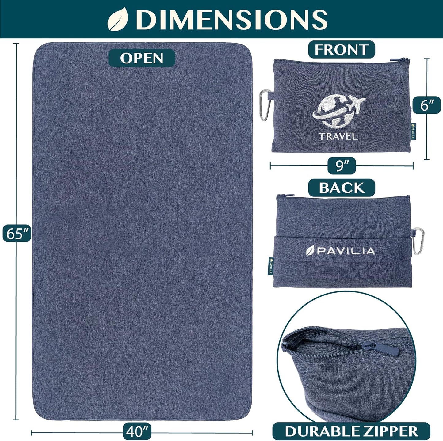 PAVILIA Travel Blanket Compact, Airplane Packable Bag, Soft Fleece Portable Throw Pillow Combo Set, Plane Flight Car Trips Essentials Gift Accessories, Luggage Backpack Clip, Navy Blue, 65 x 40 inch