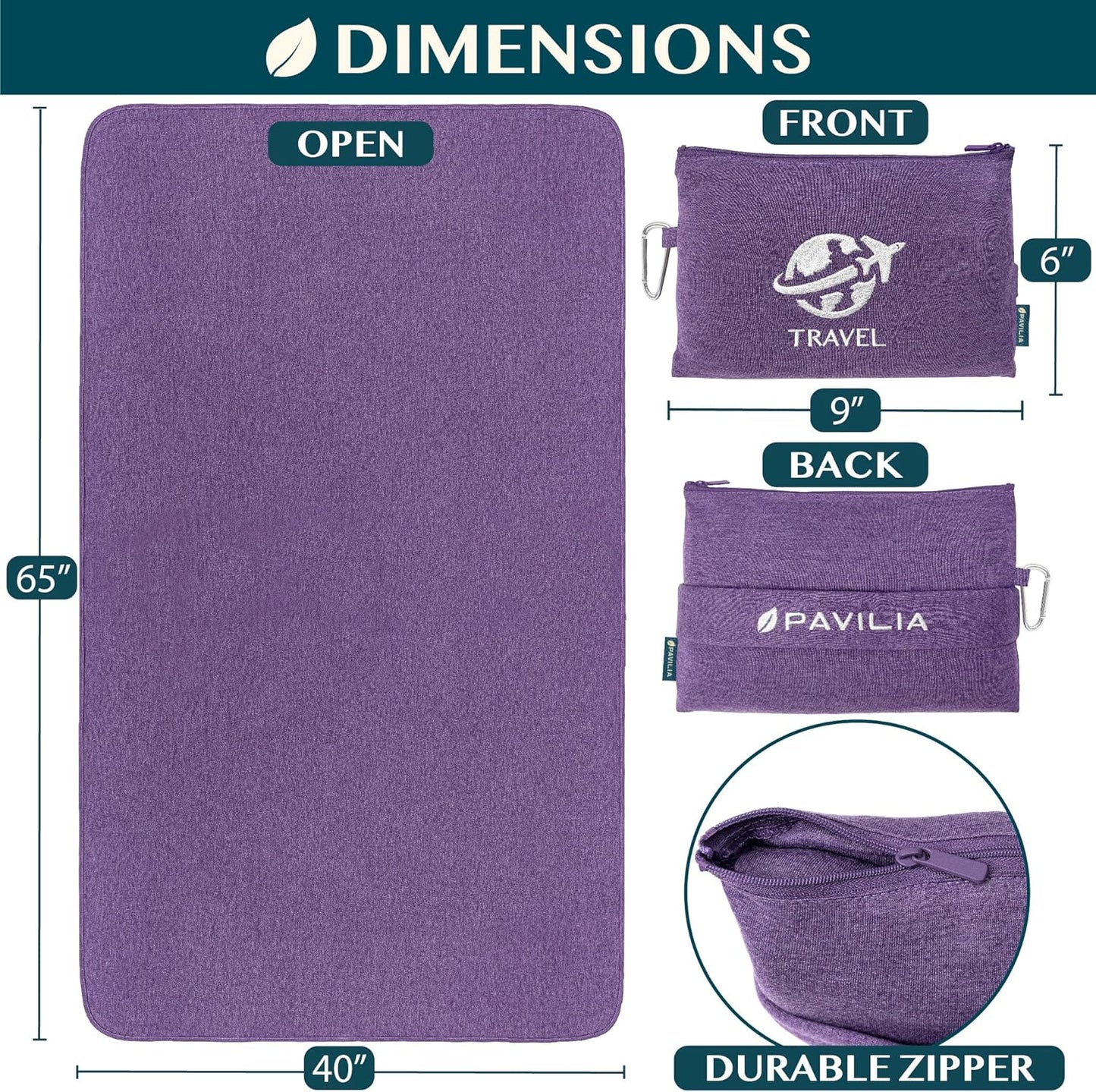 PAVILIA Travel Blanket Compact, Airplane Packable Bag, Soft Fleece Portable Throw Pillow Combo Set, Plane Flight Car Trips Essentials Gift Accessories, Luggage Backpack Clip, Purple, 65 x 40 Inch