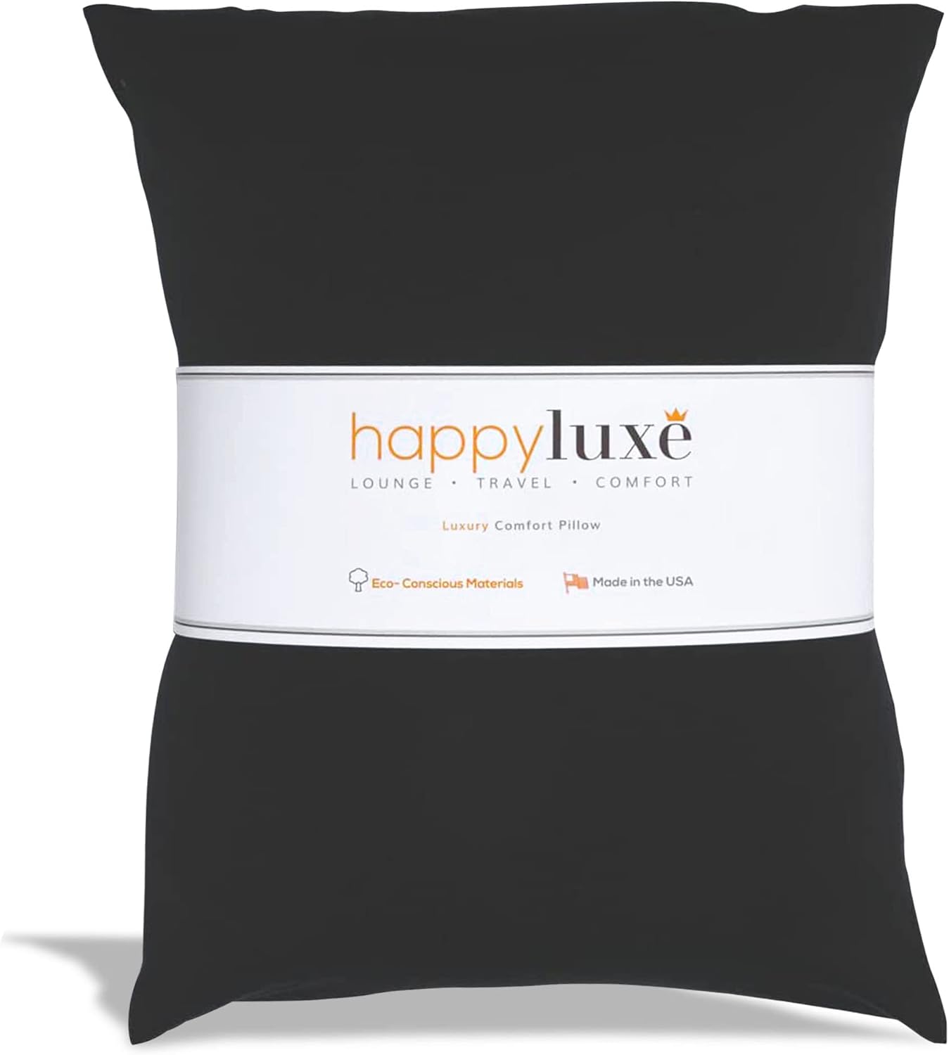 Happyluxe Odyssey Travel Pillow for Long Flights - Soft, Small, Alternative to Down and Memory Foam. 17 x 13in - Made in The USA, Jet Black Airplane Pillow for Adults Sleeping, Camping or Nap