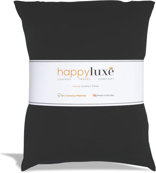 Happyluxe Odyssey Travel Pillow for Long Flights - Soft, Small, Alternative to Down and Memory Foam. 17 x 13in - Made in The USA, Jet Black Airplane Pillow for Adults Sleeping, Camping or Nap