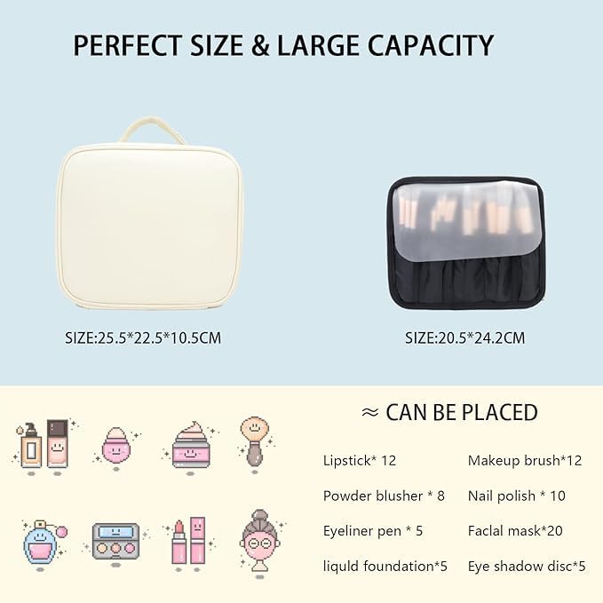 Makeup Bag with Led Mirror,Travel Makeup Organizer with 3 Color Setting & 10X Magnifying Mirror, Portable Storage and Adjustable Dividers Travel Makeup Bag-white